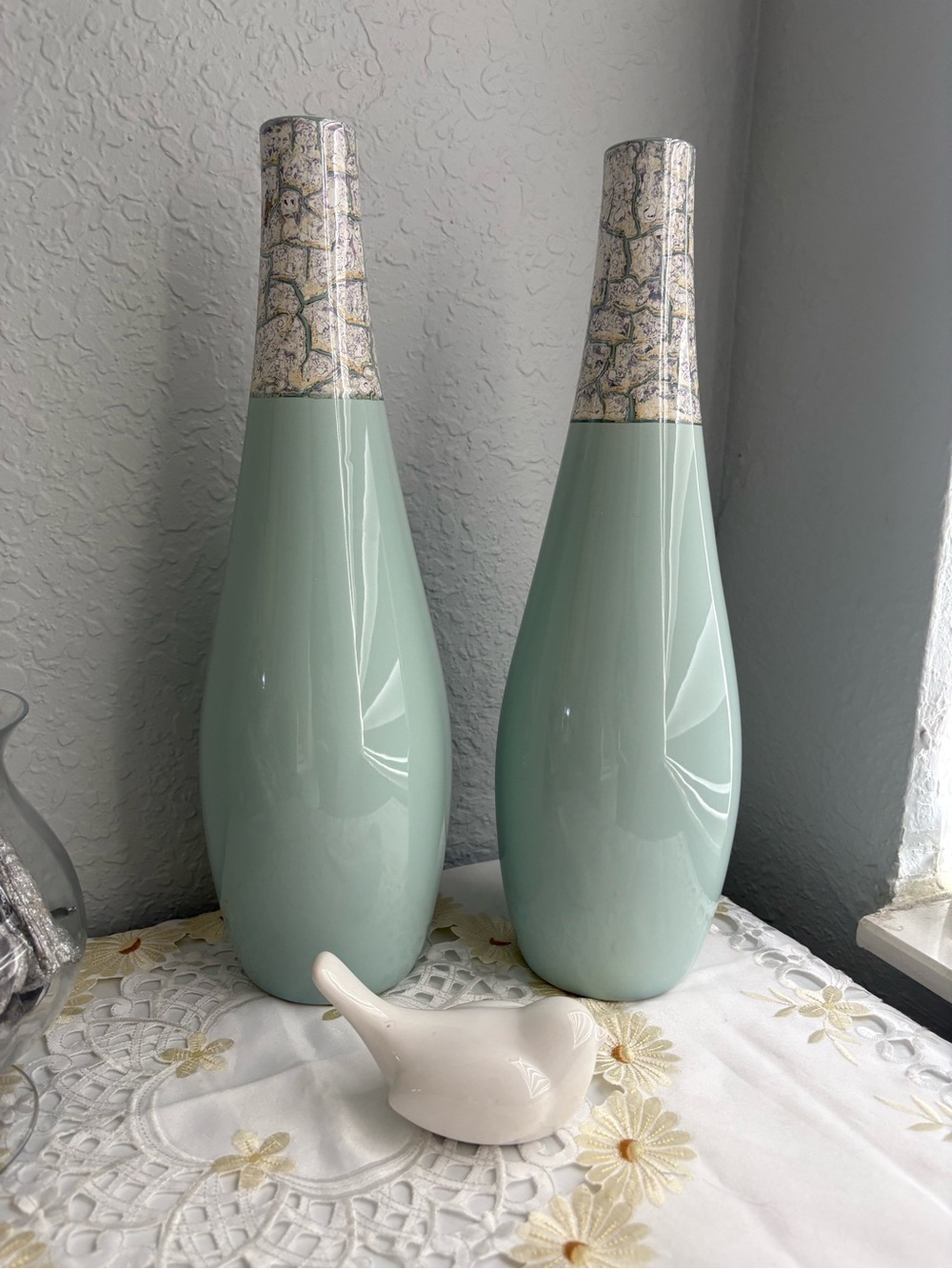 Blue ceramic vases made by Faianças Ramos in Portugal. with Textured Cream Neck